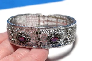 STERLING SILVER RHODIUM PLATED AMETHYST FILAGREE BANGLE BRACELET 24.4 GRAMS - Picture 1 of 4