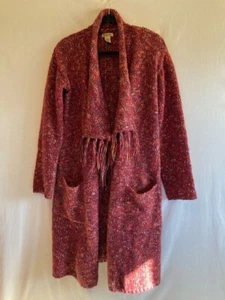 Lucky Brand Womens Cardigan Sweater Size SMALL Red Open Front Fringes 22% Wool - Picture 1 of 7