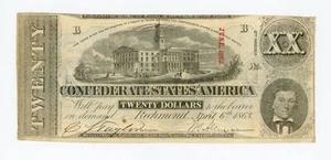 1863 T-58 $20 The Confederate States of America Note - CIVIL WAR Era - Picture 1 of 2