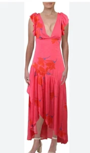 Maxi abito Free People Tropical Hawaiian Hibiscus rosa caldo floreale taglia 4 #1513 - Foto 1 di 13