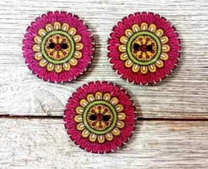 flowers boho wood sewing buttons 2 holes 1 inch red (set# 1303) USA - Picture 1 of 2