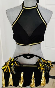 Adult Cheerleader uniform Black And Gold With Pom Pom - Picture 1 of 1