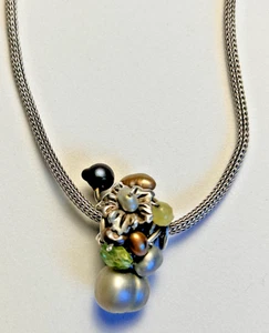 Vintage Rabinovich 925 Silver Pearl Peridot Pendant Necklace, Modernist, Unique - Picture 1 of 13