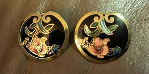 VTG Cloisonne Enamel Floral Flower Iris Butterfly Gold Tone Pierced Earrings SG - Picture 1 of 3
