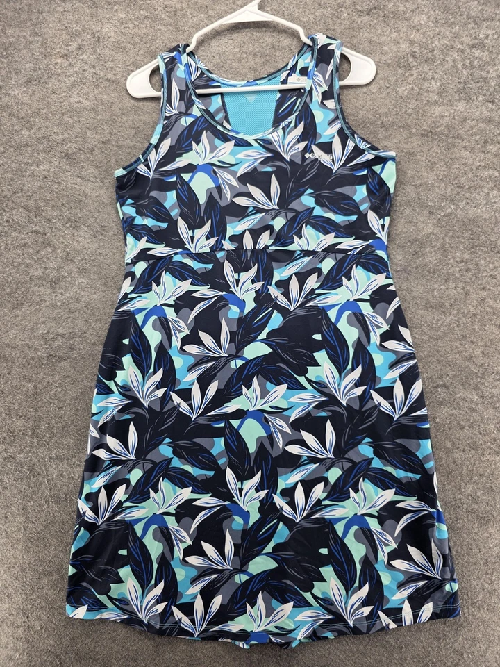 Vestido Columbia PFG para mujer grande estampado de hojas azules sin mangas forrado de malla elástico Foto 1 de 4