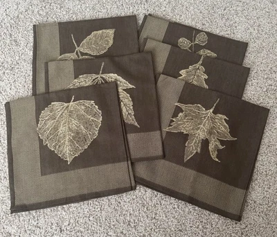 Set of 6 Fall Leaf Pattern Fabric Napkins – Brown & Gold Jacquard Table Linens - Image 1 of 4