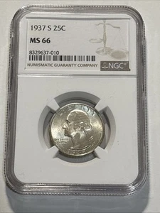 1937-S 25c Washington Quarter NGC MS66 - Picture 1 of 4