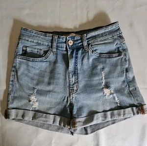 Pantaloncini jeans KanCan LA 2003 denim invecchiato blu chiaro orlo arrotolato donna W 26" - Foto 1 di 8