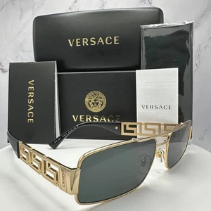 New VERSACE Sunglasses Gold Retro Rectangle Square Metal Black 60mm Mens - Picture 1 of 19