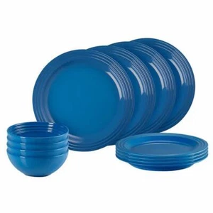 Le Creuset Dinnerware Set Blue 12-Piece Serves 4 Stoneware Plates Bowls - Picture 1 of 4