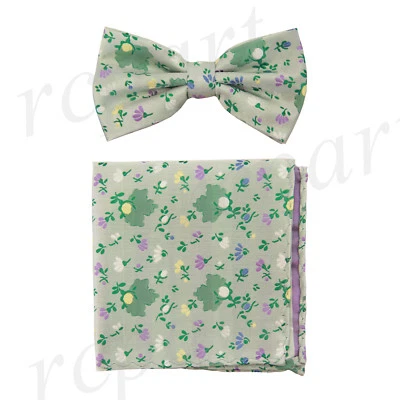 Conjunto de pajarita y pañuelo preatado de microfibra para hombre flores verdes formal boda graduación Foto 1 de 4