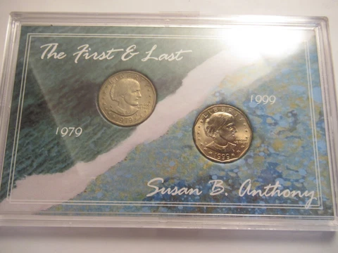 First & Last Susan B Anthony Dollars, 1979 & 1999, acrylic holder/COA Cover