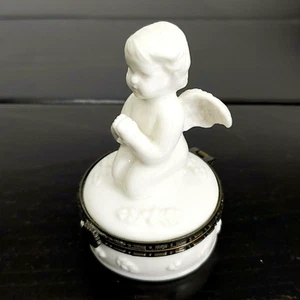 Engel Schmuckschatulle aufklappbar weiß Porzellan betendes Kind Cherub 3" hoch - Bild 1 von 8