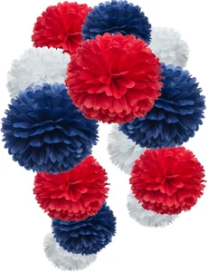 Paper Flower Tissue Pom Poms Party Supplies (Red,Royal Blue,White,12Pc) - Picture 1 of 5
