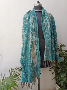 Asha Schal bestickt blaues Muster Wollschal 23/2 - Bild 1 von 8