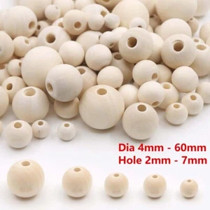 Dia 4mm - 60mm Natural Round Wooden Beads Balls With Hole Untreated Plain Wood - Picture 1 of 11