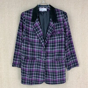 Vintage Damen Blazer 10 / Medium lila kariert Oversize Wollmischung Lederbesatz - Bild 1 von 14