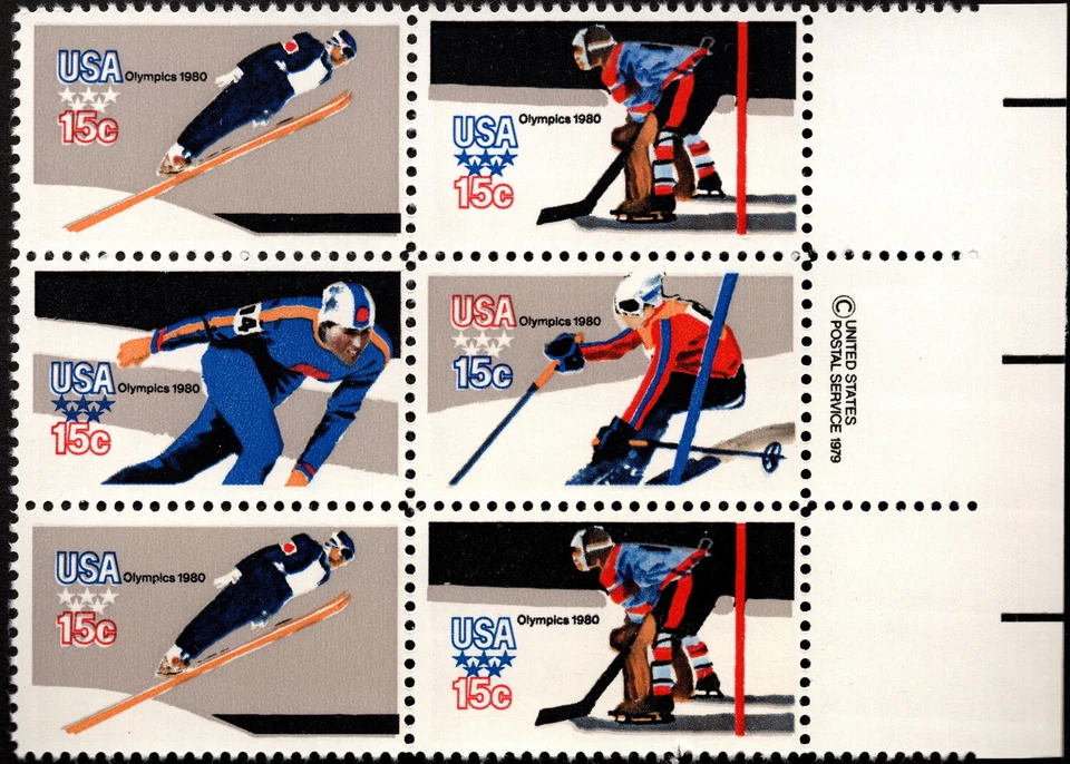 US - 1980 - 15 Cents Winter Olympics Copyright Block of 6 #1795 - #1798 #1798b  - Image 1 of 1