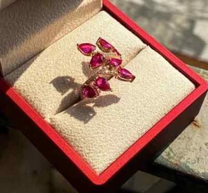 Pear Cut Simulated Diamond Pink Ruby Engagement Ring For Her 14k Rose Gold FN - Picture 1 of 9