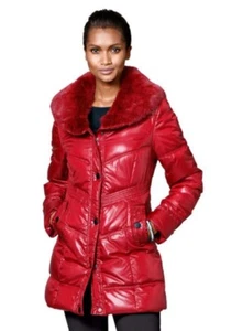 Damen Steppjacke Leichte Jacke Größe 46 rot Wattiert mit abnehmbaren Fellkragen - Picture 1 of 5