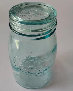 Vintage AQUA Early 1900s CROWN EMBOSSED PINT CANNING JAR W MATCHING GLASS LID - Picture 1 of 5