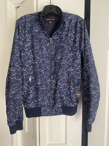 Cappotto giacca bomber Michael Kors blu navy bianco stampa palma logo zip XS $298