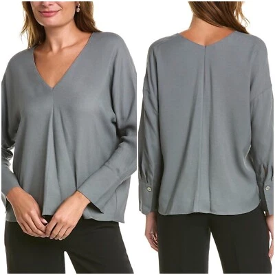 Blusa Vince Feminina Pequena Cinza Azul Manga Longa Decote V Viscose Crepe Plissada - Imagem 1 de 4