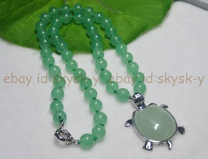 8/10MM GREEN AVENTURINE GEMSTONE ROUND BEAD NECKLACE TORTOISE PENDANT 16-25" - Picture 1 of 5