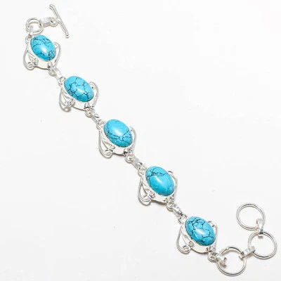  PULSERA JOYERÍA PLATA ESTERLINA 925 PIEDRAS PRECIOSAS TURQUESA AZUL 7-8 Foto 1 de 3