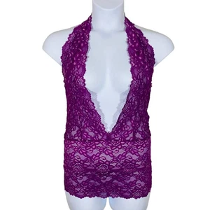 Fredericks of Hollywood Purple Lace Deep V Plunge Halter Top Sz M - Picture 1 of 8