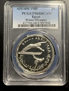 Egypt AH1408-1988 5 Pounds / Winter Olympics / PCGS PR68DCAM / Superb Gem Proof! - Picture 1 of 6