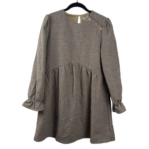 Berthie Paris Kalin Babydoll Dress L Brown Beige Houndstooth Wool Blend Academic - Picture 1 of 18