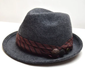 Grace Hats Japan Wool Trilby Hat Womens Gray Striped Band Crest Buttons One Size - Picture 1 of 15