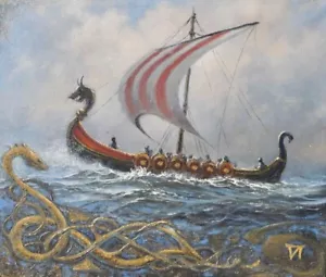 AMAZING ORIGINAL VIKING LONGSHIP PAINTING VIKINGS NORSE LONGBOAT SAILING ART! - Picture 1 of 5