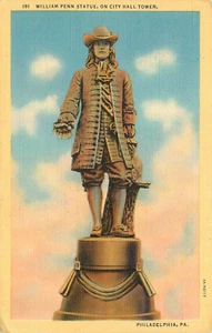 Cartolina Filadelfia William Penn Statua Lino C 1940 - Foto 1 di 2