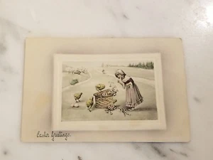 Antique Easter Postcard "Easter Greetings" Child With Basket of Chicks - Picture 1 of 4