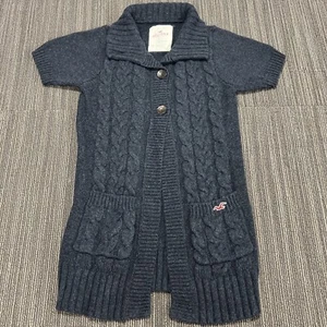 Hollister Sweater Tunic Cardigan Womens Large Blue Cable Knit Heavy Short Sleeve - Picture 1 of 17