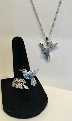 Blue Glacier Topaz Rhodium Over Silver HUMMINGBIRD Pendant, Chain, Ring Sz 8 Set - Image 1 of 4