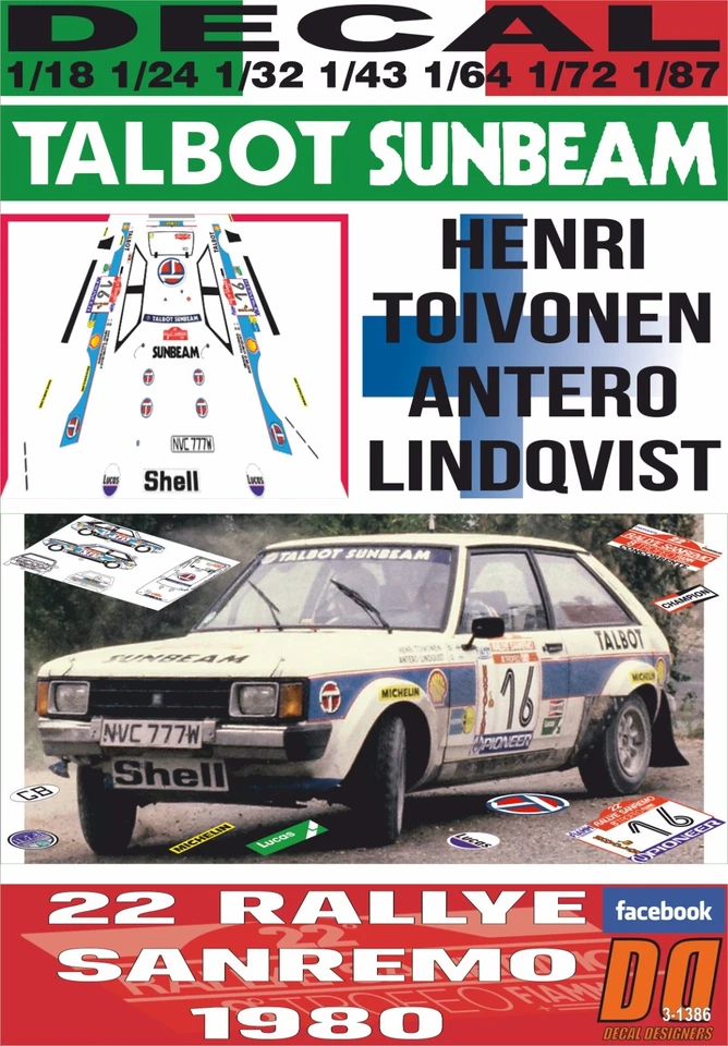DECAL TALBOT SUNBEAM LOTUS H.TOIVONEN R.SANREMO 1980 5th (04) - Immagine 1 di 1