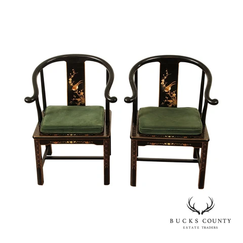 Traditional Chinese Style Pair of Horseshoe Back Armchairs Cover