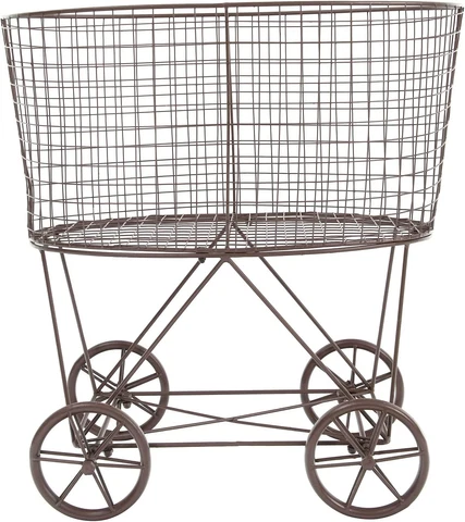 Vintage Reproduction Metal Laundry Basket on Wheels, Rust Cover