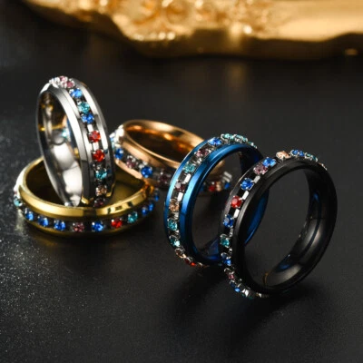 Anillos de alianza de boda con incrustaciones de circonita cúbica arco iris para hombres y mujeres anillo de promesa de acero inoxidable 6 mm Foto 1 de 4