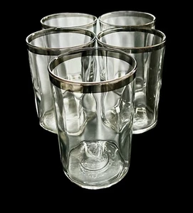 Set of 5 Vintage Silver Rim Optic Paneled MCM 3-7/8” Tumbler Glasses Barware - Picture 1 of 6