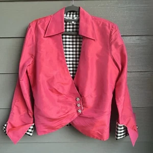 Marisa Baratelli Womens Jacket Thai Silk Button Up Hot Pink Blazer Size 4 Plaid - Picture 1 of 9