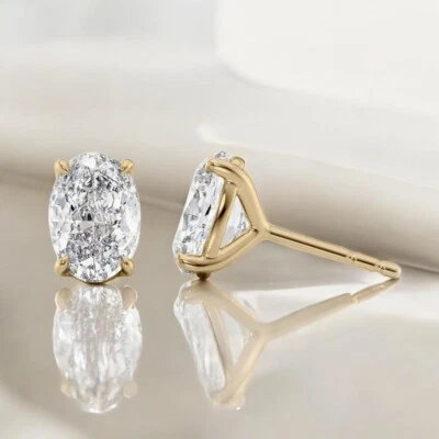 18K Yellow Gold Diamond Earring 2 Carat IGI Lab Created Oval Stud 4 Prong E F VS - Image 1 of 4