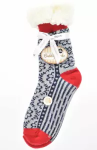 Ladies Soft Warm Fluffy Fleece Lined Slipper Socks - Grey & Navy Scandi Floral - Picture 1 of 3