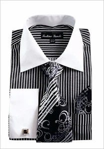 Men's Dress Shirt with Tie + Handkerchief, French Cuff Pin Striped Design New  - Picture 1 of 11