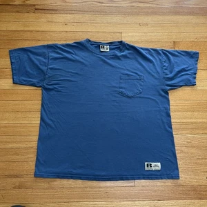 Camiseta Vintage Años 90 Russell Pro Algodón Bolsillo Azul Desteñido XL - Imagen 1 de 6