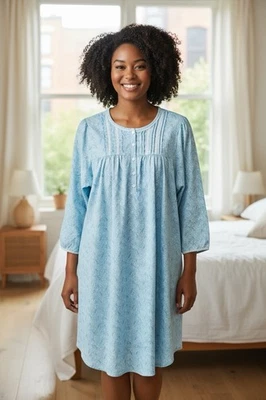 Vestido de noite Miss Elaine manga longa azul e branco paisley macio médio novo sem etiquetas - Imagem 1 de 4