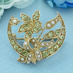 14k Gold Natural Peridot and Pearl Floral Vintage Style Brooch - Picture 1 of 11